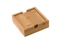 A bamboo coaster set with a natural finish, featuring a simple, square storage box.
