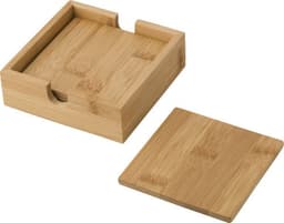 A bamboo coaster set with a square holder and a single coaster, showcasing a natural wood finish.