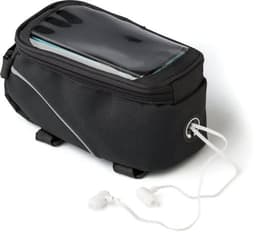 A black polyester bicycle handlebar bag featuring a transparent top pocket and an earphone outlet.