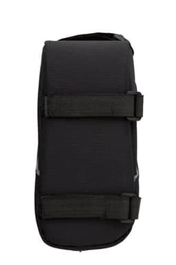 A black polyester bicycle handlebar bag with two adjustable straps and a simple design. It features a logo.