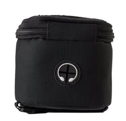 A black polyester bicycle handlebar bag with a zippered closure and a logo on the front.