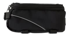 A black polyester bicycle handlebar bag with a zip closure and a reflective detail, featuring a logo.