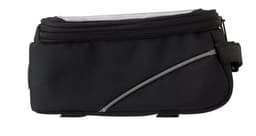 A black polyester (600D) bicycle handlebar bag with a logo and a clear top compartment.