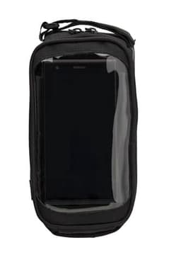 A black polyester bicycle handlebar bag with a clear front pocket for a phone and a zip closure.