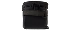 A compact black polyester bicycle handlebar bag with a zip closure and a side strap. Features a small logo.