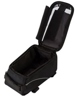 A black polyester (600D) bicycle handlebar bag with an open top and velcro closure, featuring a simple design and no embellishments.