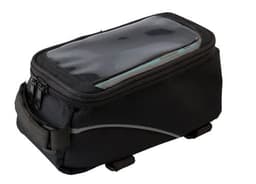 A black polyester bicycle handlebar bag with a transparent top section and a zippered compartment.