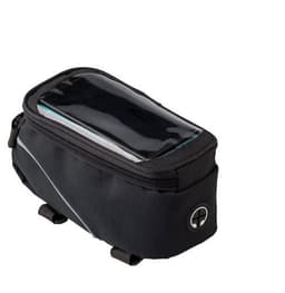 A black polyester (600D) bicycle handlebar bag with a transparent top and a logo on the side.