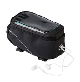 A black polyester bicycle handlebar bag with a transparent top, featuring an earphone outlet and a logo.