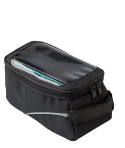 A black polyester bicycle handlebar bag with a transparent top and zip closure, featuring a side strap for attachment.