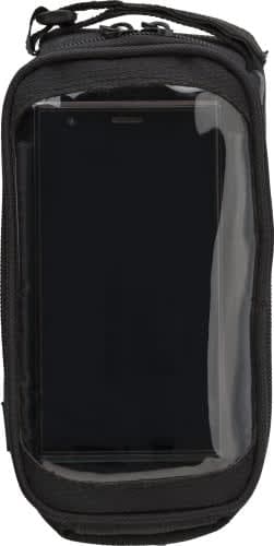 A black bicycle handlebar bag featuring a transparent front pocket, suitable for holding a smartphone.