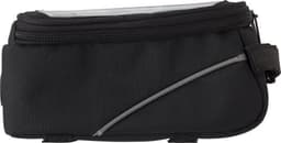 A black polyester bicycle handlebar bag with a zippered closure and a transparent top. It features a logo.
