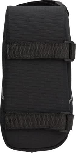 A black polyester bicycle handlebar bag with adjustable straps and a sleek design, featuring a logo.
