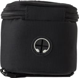 A black polyester bicycle handlebar bag with a zip closure and a logo on the front.