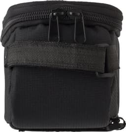 A black polyester bicycle handlebar bag with a zippered top and a strap. It features a structured design suitable for various items.