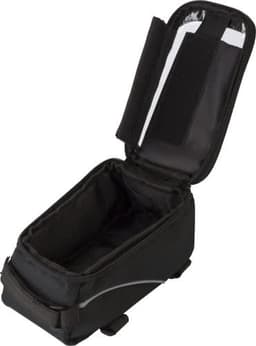 A black polyester bicycle handlebar bag with a zippered opening, featuring a spacious interior and a logo.