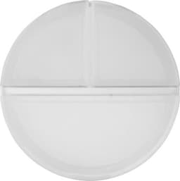 A circular, clear plastic pill box divided into four compartments, featuring a simple design and no visible branding.