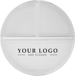 A clear round pill box with compartments and a logo on the front.
