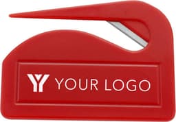 A red letter opener with a sleek design and a prominent logo area.