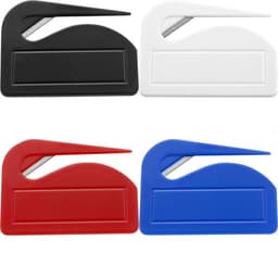 A set of four letter openers in black, white, red, and blue, featuring a sleek design and a blade for opening envelopes.