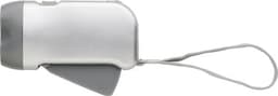 A silver ABS dynamo torch with a grey handle and a wrist strap. It features a sleek, compact design.