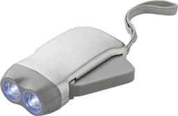 A silver ABS dynamo torch with two light beams and a grey strap. It features a compact design.