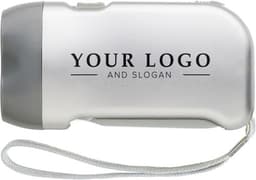 A silver dynamo torch with a sleek design and a wrist strap, featuring a logo and branding.