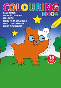 A colouring book with a cartoon bear on the cover, featuring a blue background and a pencil illustration.