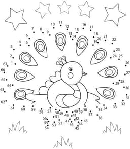 A black and white colouring page featuring a bird surrounded by stars and numbered sections for colouring.