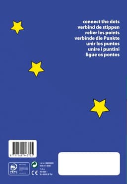 A blue cardboard colouring book featuring yellow stars and a connect-the-dots activity on the back cover.