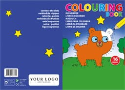 A cardboard colouring book features a cartoon bear design with bright colours and a starry background. It has a logo on the cover.