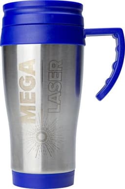 A stainless steel travel mug with a blue lid and handle, featuring a logo on the surface.