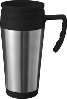 A stainless steel travel mug featuring a black silicone lid and grip handle. The mug has a sleek metallic finish.