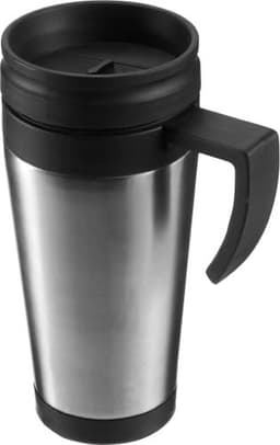 A stainless steel travel mug with a black lid and handle, featuring a sleek silver finish.