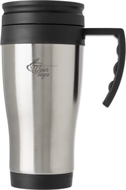 A stainless steel travel mug with a black lid and handle, featuring a logo on the front.
