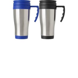 A stainless steel travel mug in blue and a black travel mug, both with handles and lids. Each features a logo.