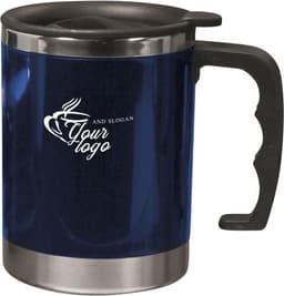 A stainless steel and AS double-walled mug in navy blue with a black handle and a logo on the front.