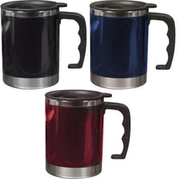 A stainless steel and AS double-walled mug set in black, navy blue, and red, each with a handle and lid.