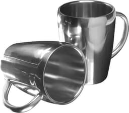 Stainless steel double-walled mugs with a shiny finish and sturdy handles, featuring one mug upright and one tilted.