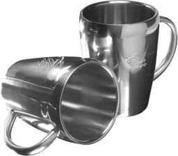 A set of stainless steel double-walled mugs featuring a shiny finish and handles, with a logo on one mug.