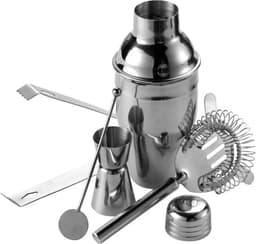 A stainless steel cocktail set featuring a shaker, jigger, strainer, muddler, and mixing tools in polished silver.