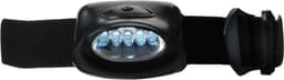 A black headlight with a flexible strap featuring multiple LED lights. It has a logo on the front.