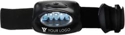 A black LED headlight with a flexible strap and a space for a logo, featuring multiple bright bulbs.