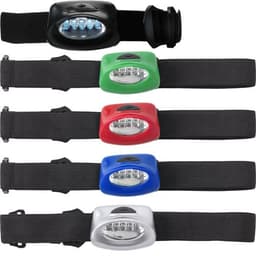 A series of ABS head lights in black, green, red, blue, and silver, each mounted on a black strap.