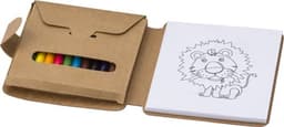 A cardboard colouring set featuring coloured pencils and a drawing pad with a lion illustration.