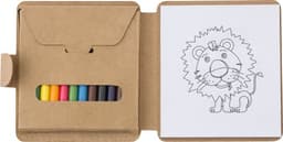 A cardboard colouring set featuring coloured pencils and a colouring page of a lion illustration.