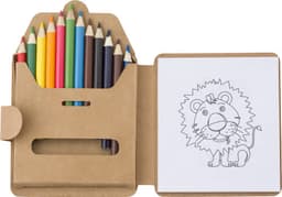 A cardboard colouring set featuring coloured pencils in various shades and a drawing of a lion on paper.