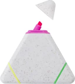 A triangular highlighter in white with speckles, featuring a pink tip and green, yellow, and pink accents.