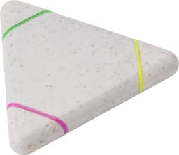 A triangular highlighter with a speckled white body and vibrant pink, green, and yellow bands. It features a branding logo.