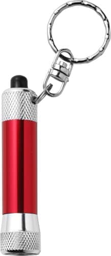 A red and silver aluminium key holder featuring a flashlight and keyring attachment. The product has a logo.